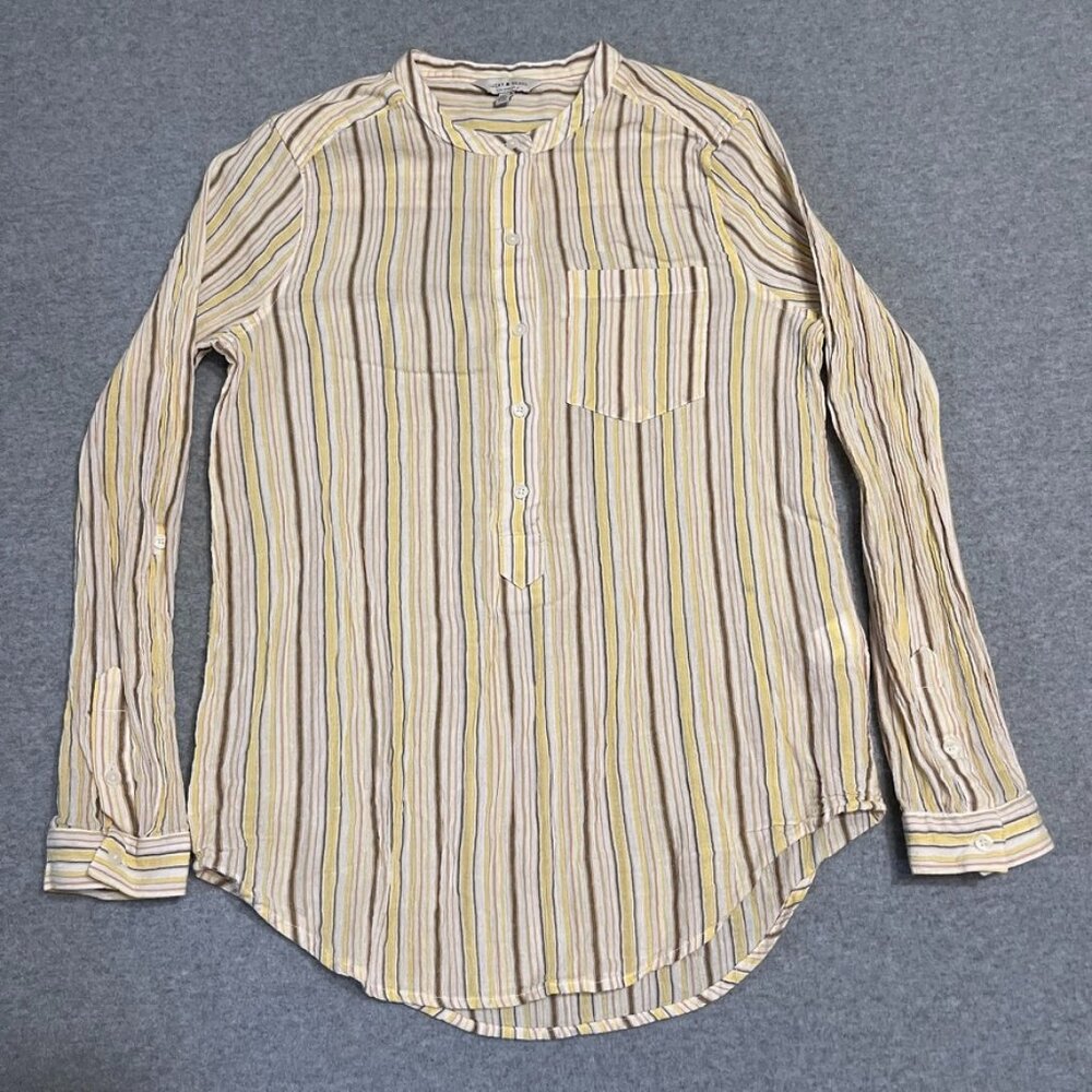 Lucky Brand Shirt Womens Small Yellow Striped Long‎ Sleeve Roll Tab Lightweight